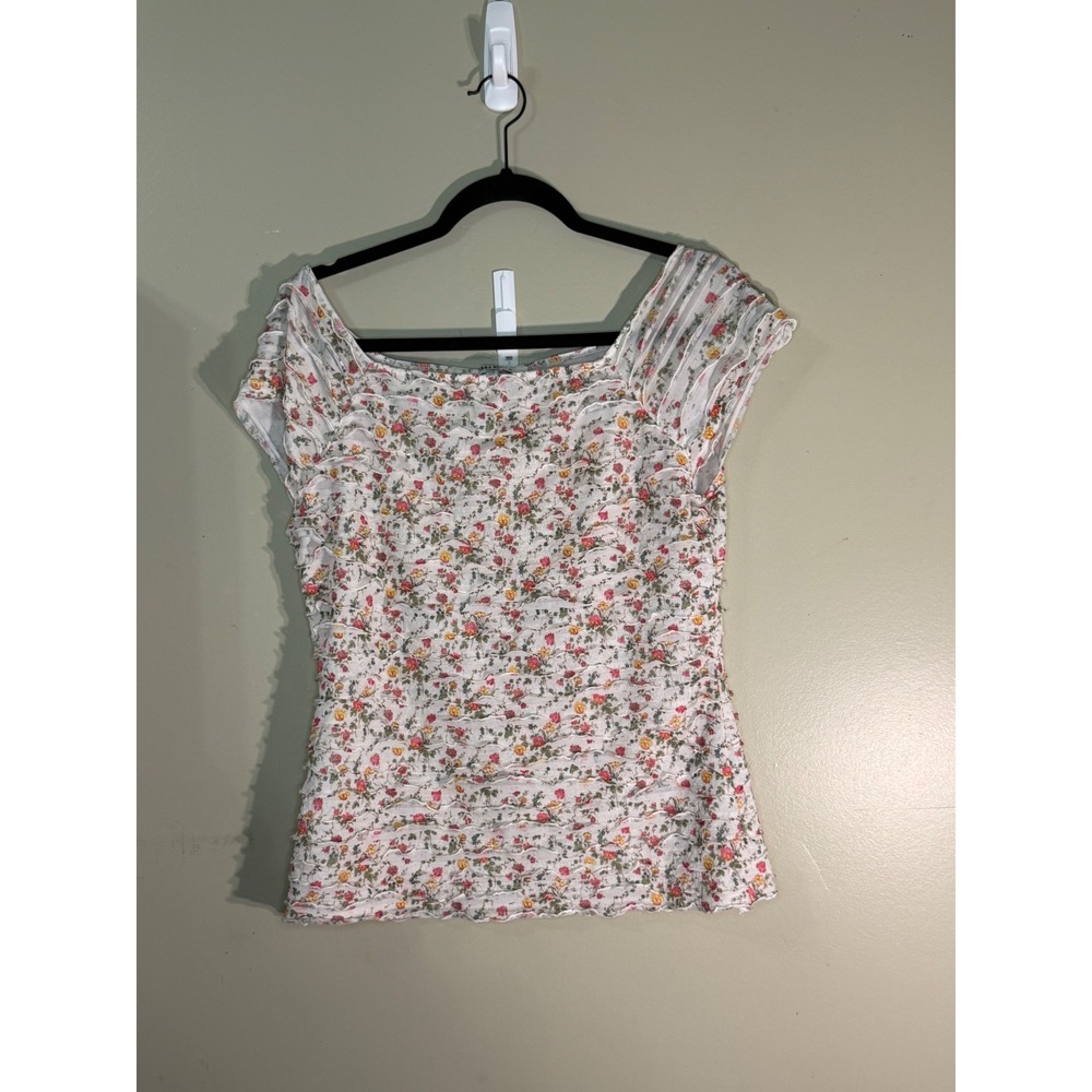 Terra Nostra Femme Floral Ruffle Cap Sleeve Top Square Neck Cream Pink Large